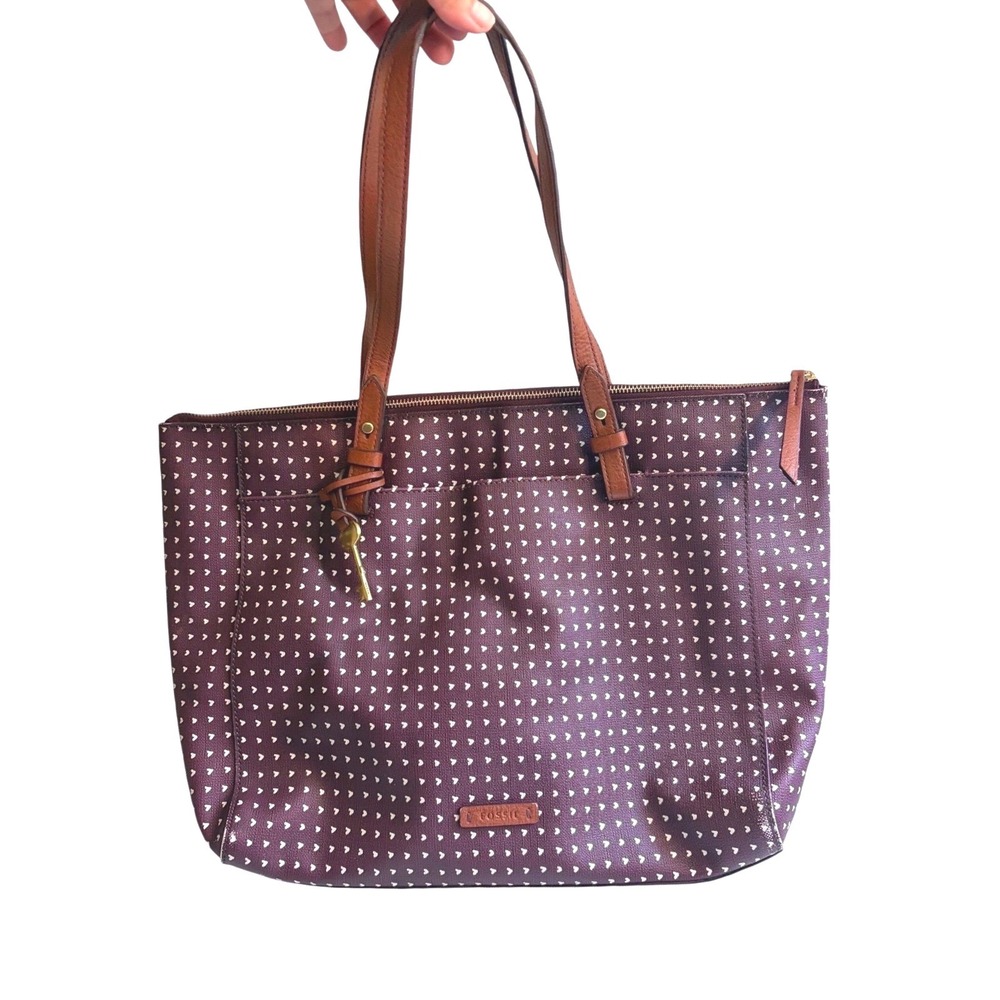 Fossil Rachel Tote Bag Burgundy Heart Print Zip Top Shoulder Bag Key Charm